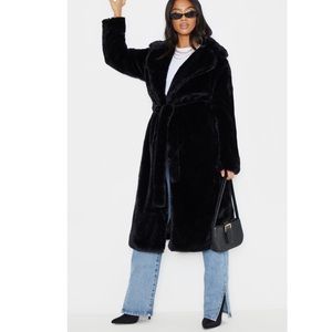 Black faux fur belted coat